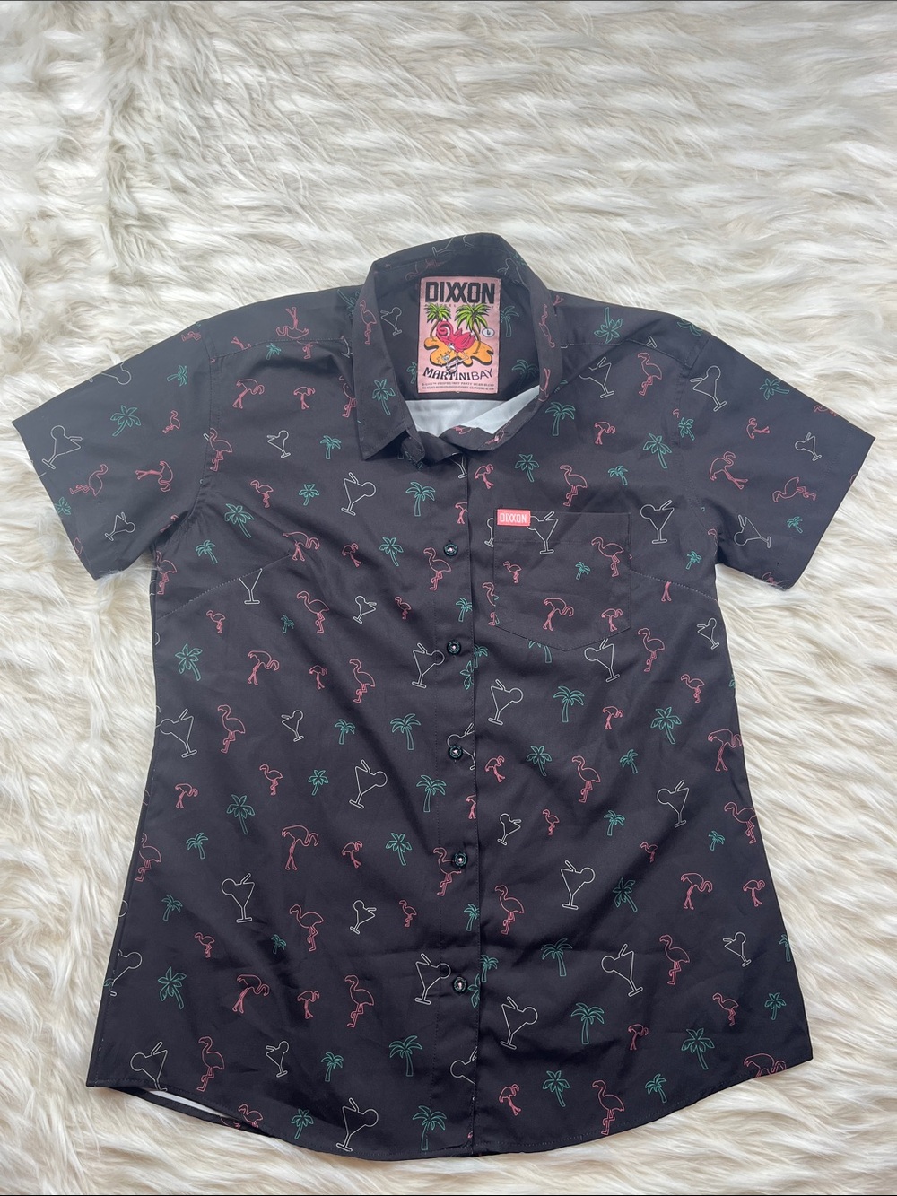Dixxon Martini Bay Button Front Shirt Large Black with Flamingos